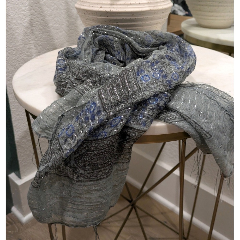 Avatar Metallic Striped Sheer Scarf Grey Green Blue Boho‎ Nepal Sparkle